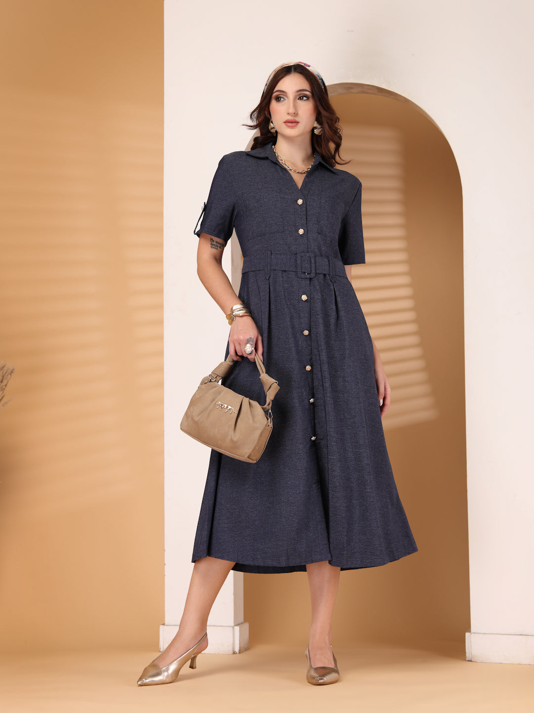 Thirty Threads Women Pink Solid A-Line Midi Dress