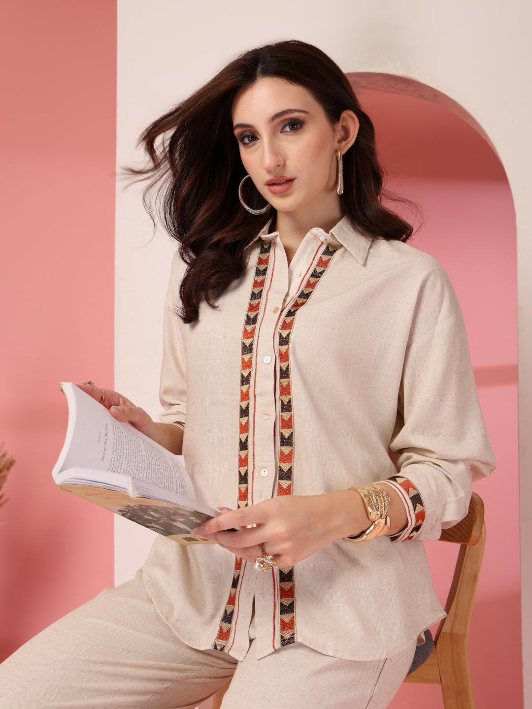 Thirty Threads Womens Coffee Brown Self Design Collar Neck Regular Co-Ord Set