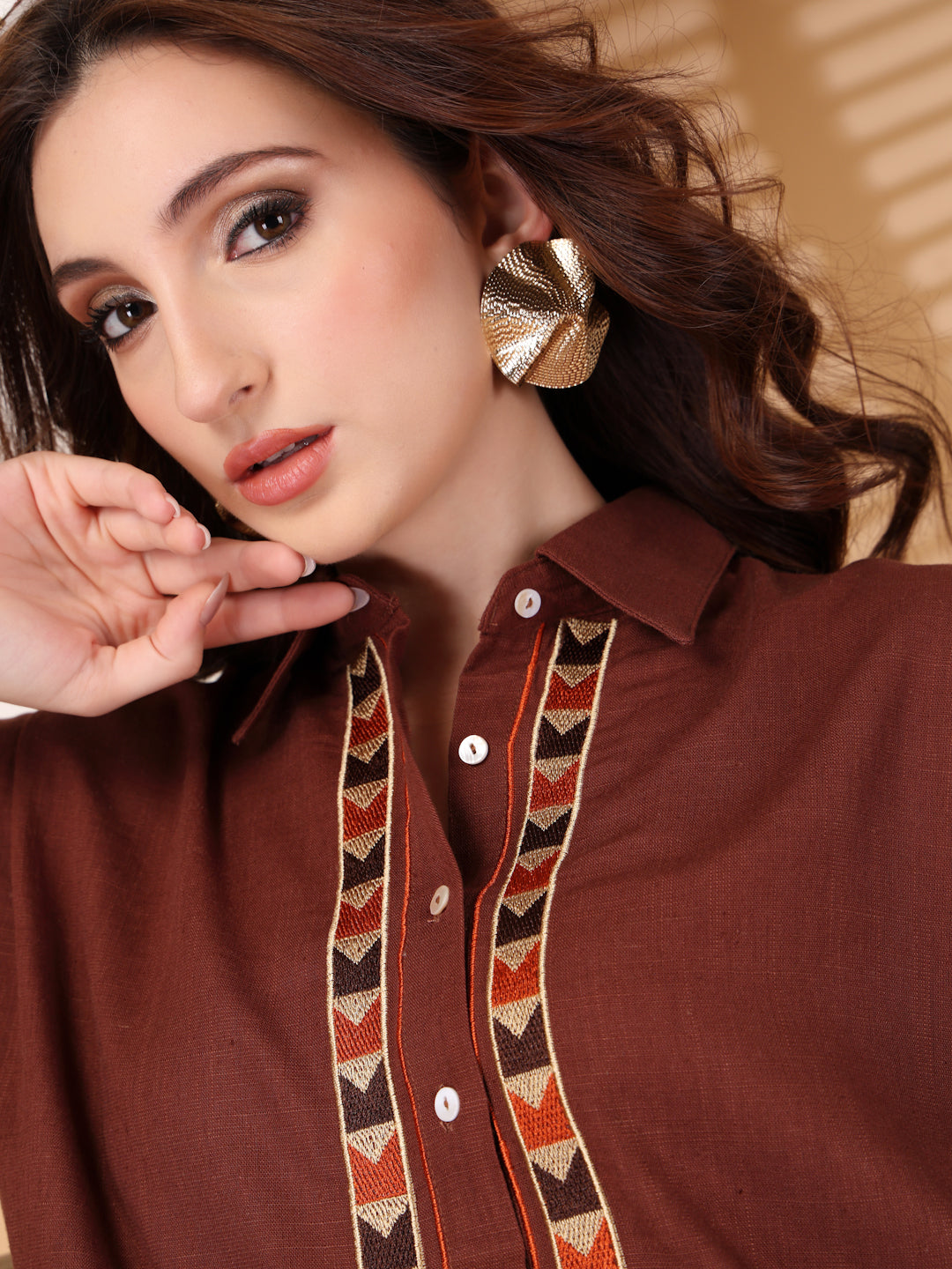 Thirty Threads Womens Beige Self Design Collar Neck Regular Co-Ord Set