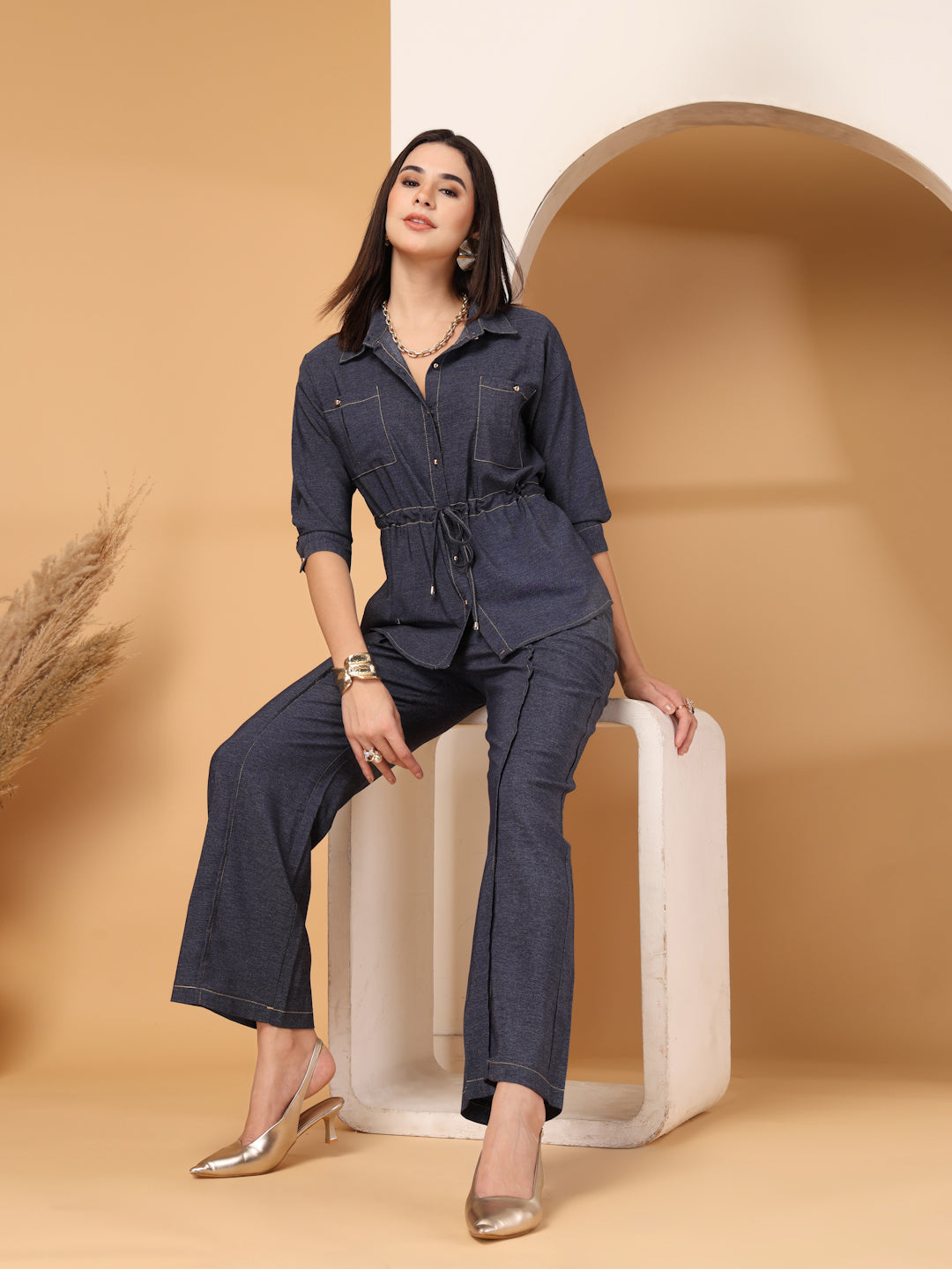 Thirty Threads Womens LT Blue Solid Collar Neck Regular Co-Ord Set
