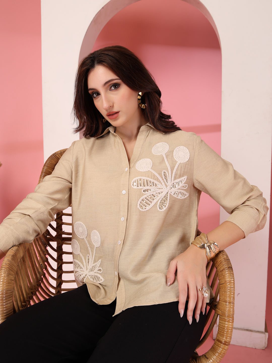 Thirty Threads Womens Lavender Emboirered Collar Neck Long Sleeve Regular Length Shirt