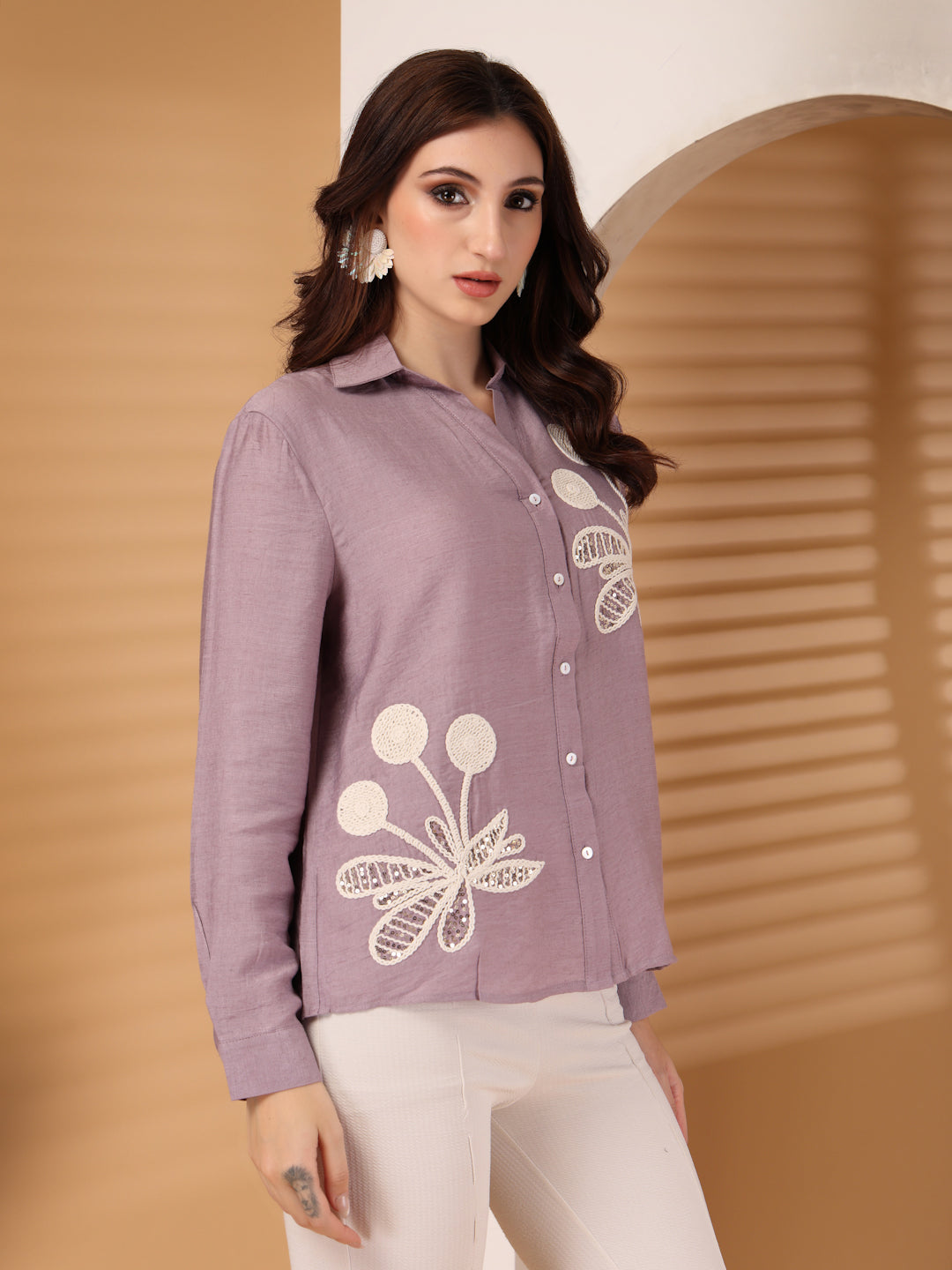 Thirty Threads Womens Beige Emboirered Collar Neck Long Sleeve Regular Length Shirt