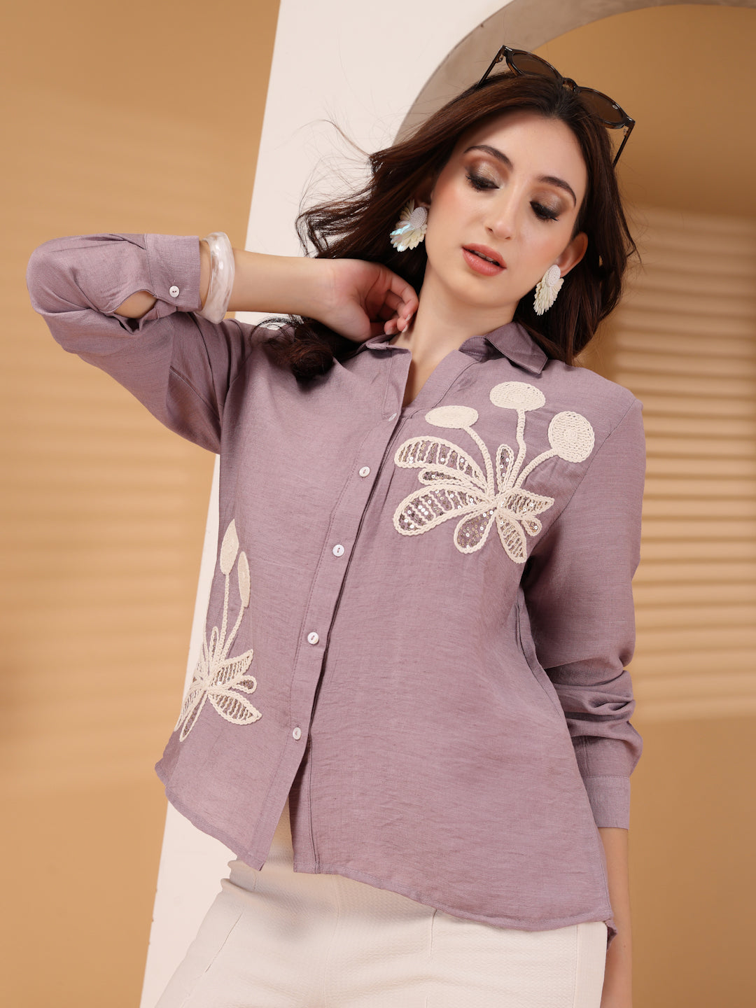 Thirty Threads Womens Beige Emboirered Collar Neck Long Sleeve Regular Length Shirt