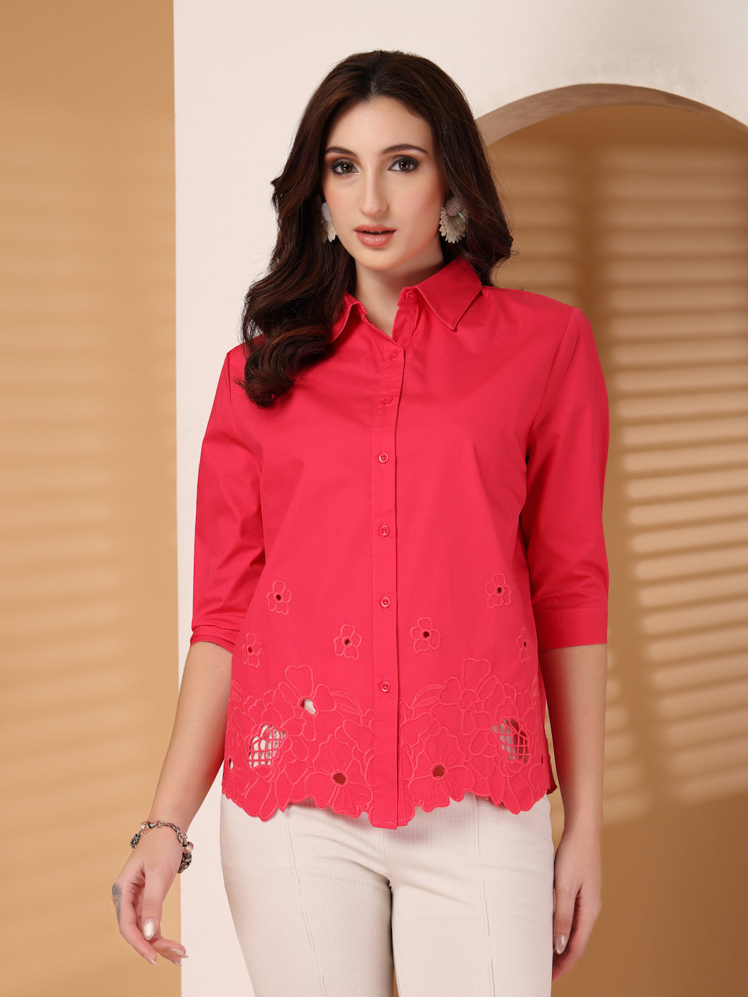 Thirty Threads Womens Sky Blue Floral Self Design Collar Neck 3/4 Sleeve Regular Length Shirt