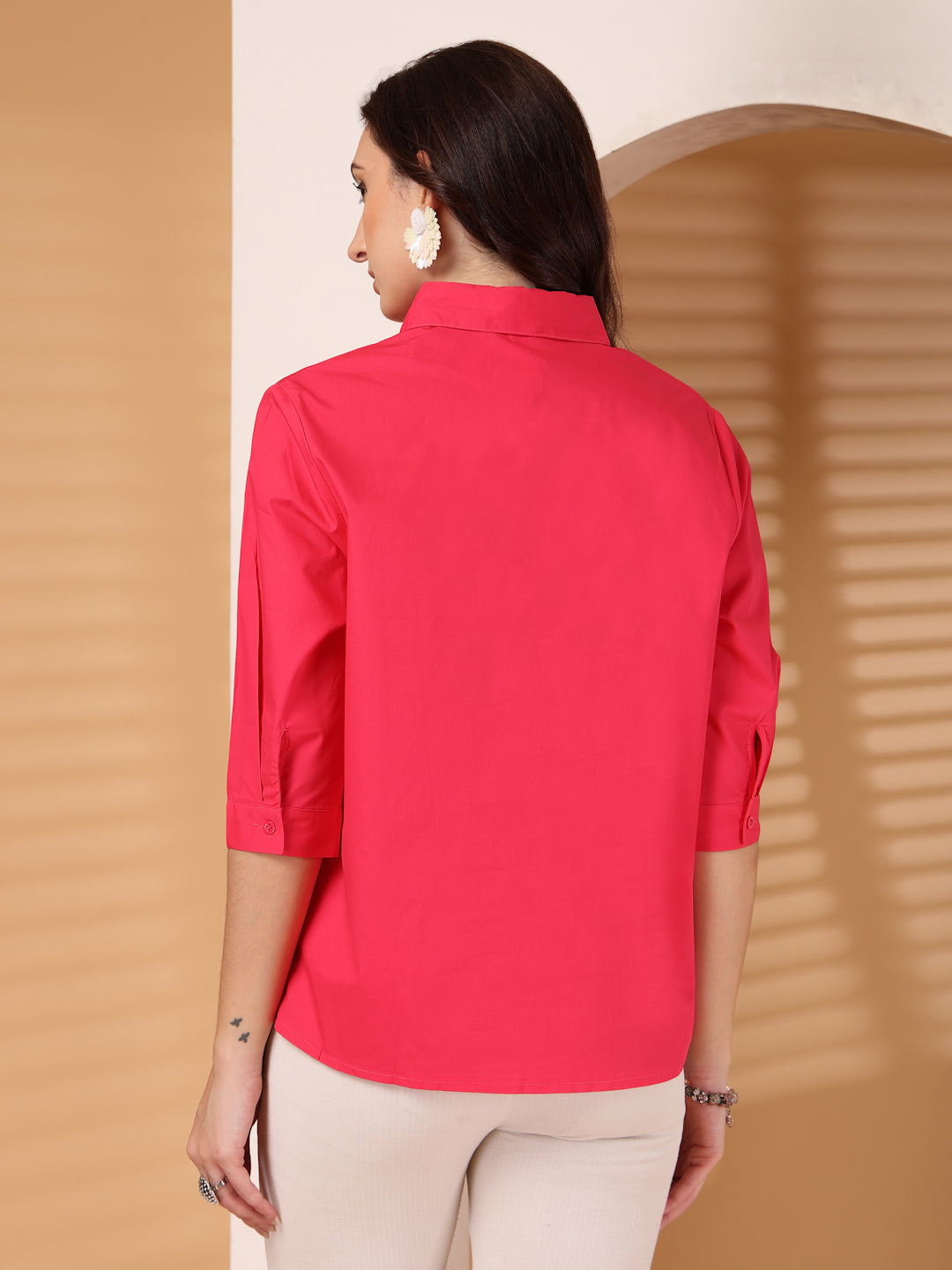 Thirty Threads Womens Sky Blue Floral Self Design Collar Neck 3/4 Sleeve Regular Length Shirt