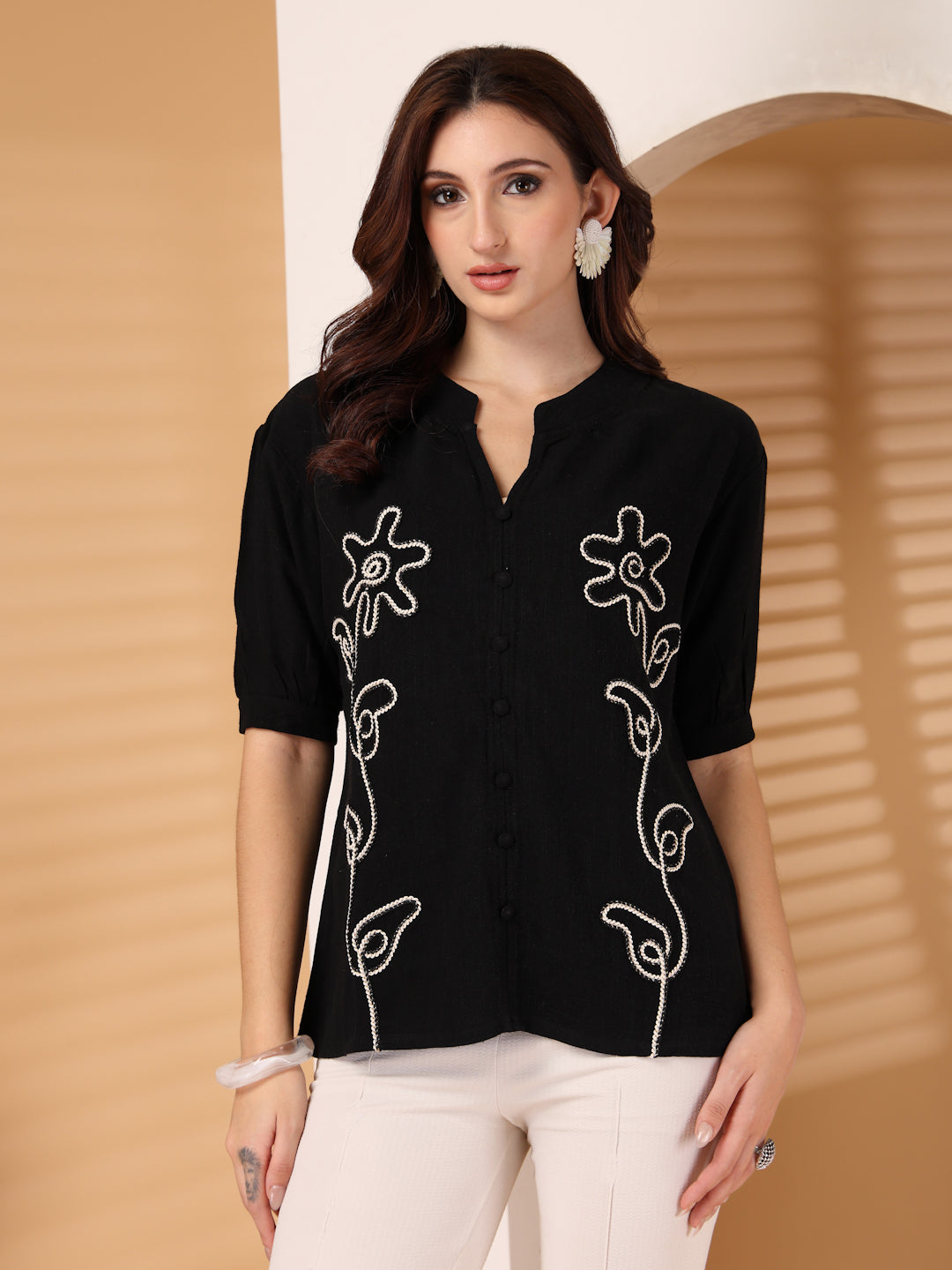 Thirty Threads Womens Beige Emboirered V-Neck Neck 3/4 Sleeve Regular Length Shirt
