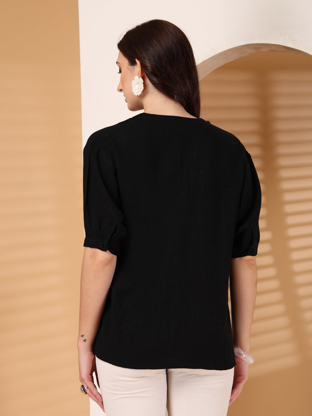 Thirty Threads Womens Beige Emboirered V-Neck Neck 3/4 Sleeve Regular Length Shirt