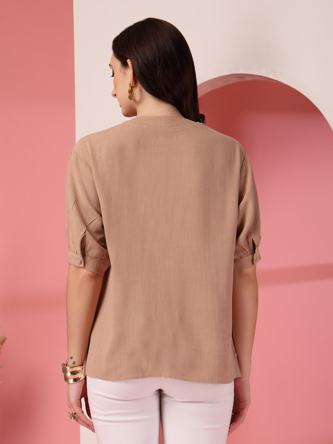 Thirty Threads Womens Pink Emboirered V-Neck Neck 3/4 Sleeve Regular Length Shirt