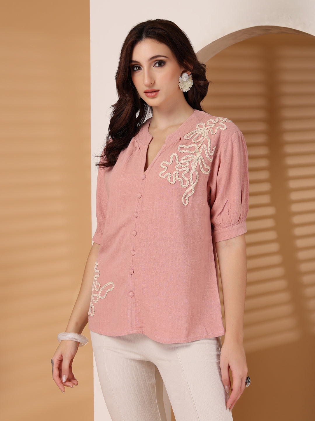 Thirty Threads Womens Khakhi Emboirered V-Neck Neck 3/4 Sleeve Regular Length Shirt