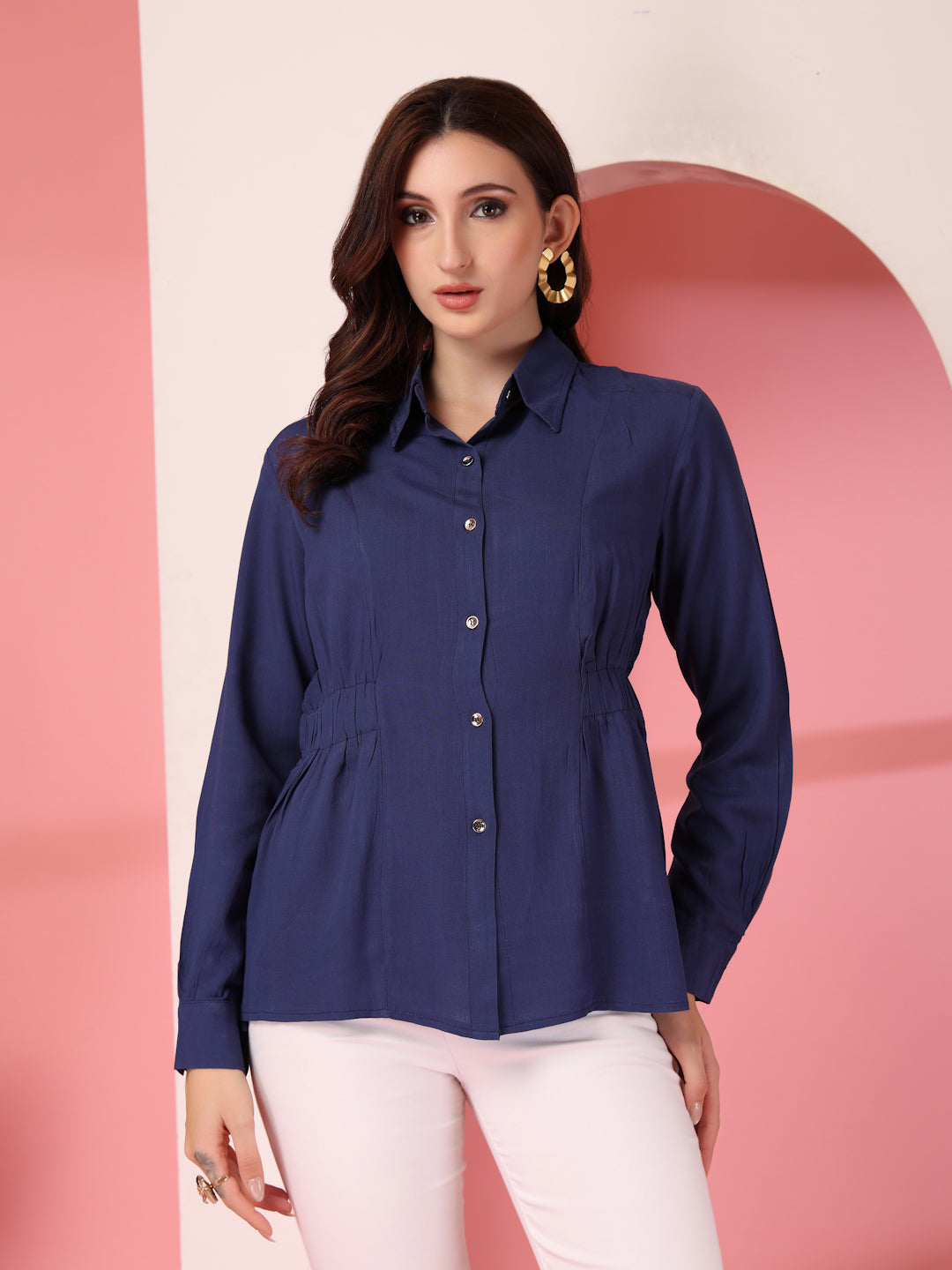 Thirty Threads Womens Brown Solid Collar Neck Long Sleeve Regular Length Shirt