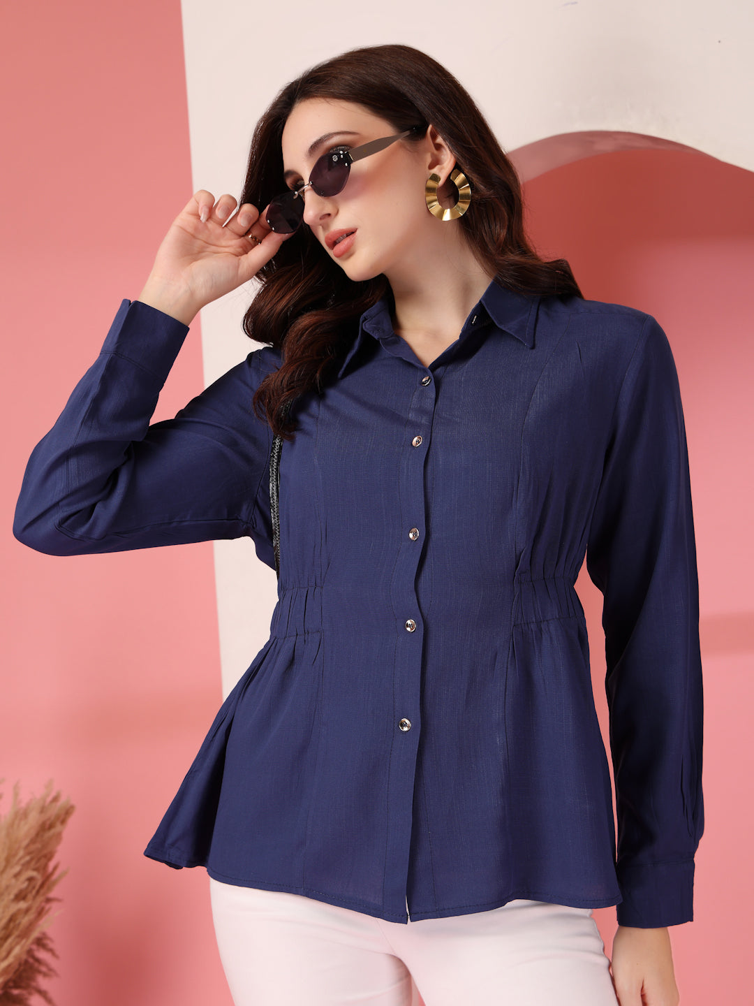 Thirty Threads Womens Brown Solid Collar Neck Long Sleeve Regular Length Shirt