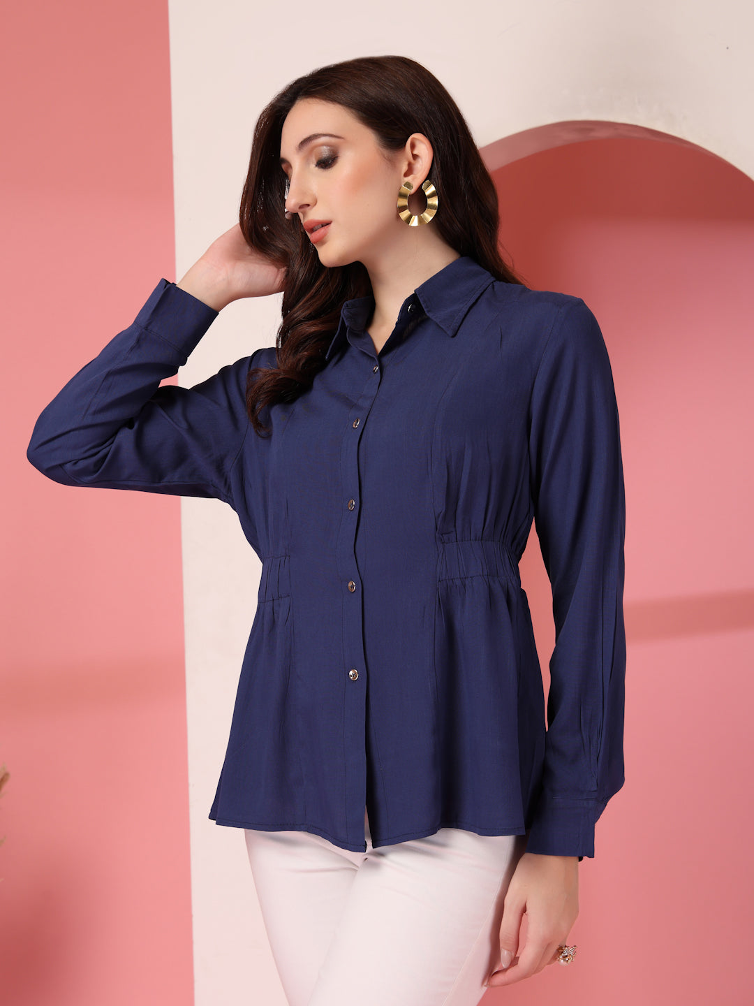 Thirty Threads Womens Brown Solid Collar Neck Long Sleeve Regular Length Shirt