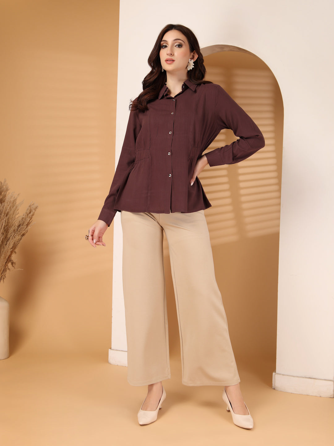 Thirty Threads Womens Navy Blue Solid Collar Neck Long Sleeve Regular Length Shirt