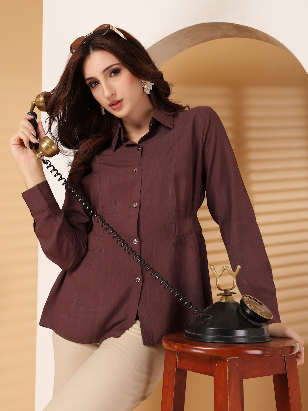 Thirty Threads Womens Navy Blue Solid Collar Neck Long Sleeve Regular Length Shirt