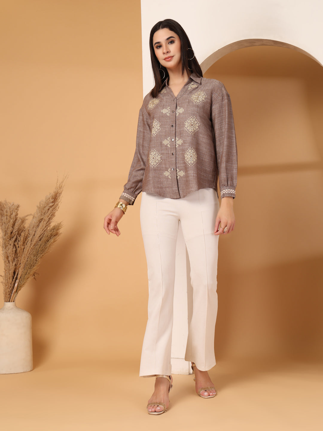 Thirty Threads Womens Blue Ethnic Motifs Collar Neck Long Sleeve Regular Length Shirt