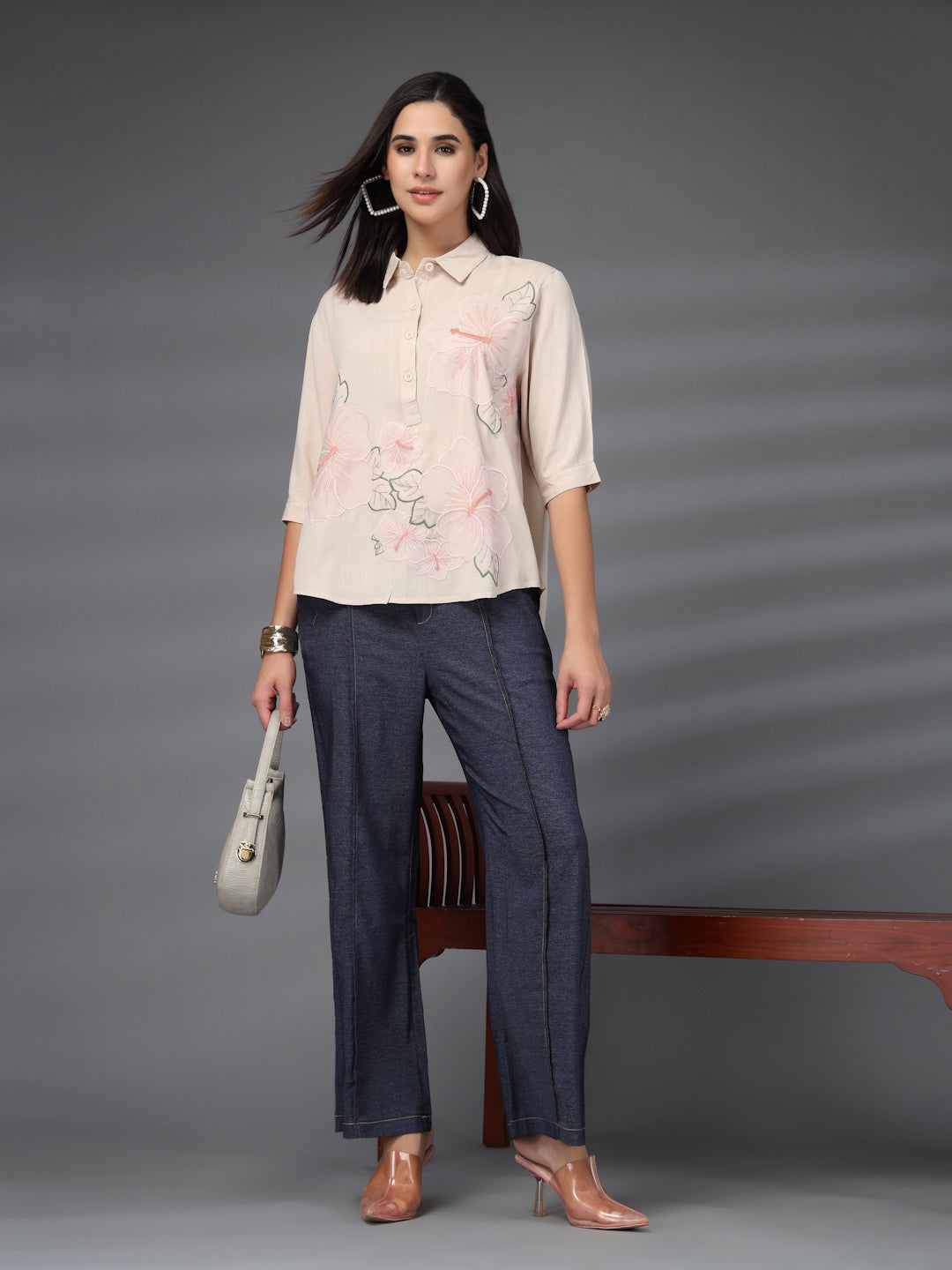 Thirty Threads Womens Peach Self Design Collar Neck 3/4 Sleeve Regular Length Shirt