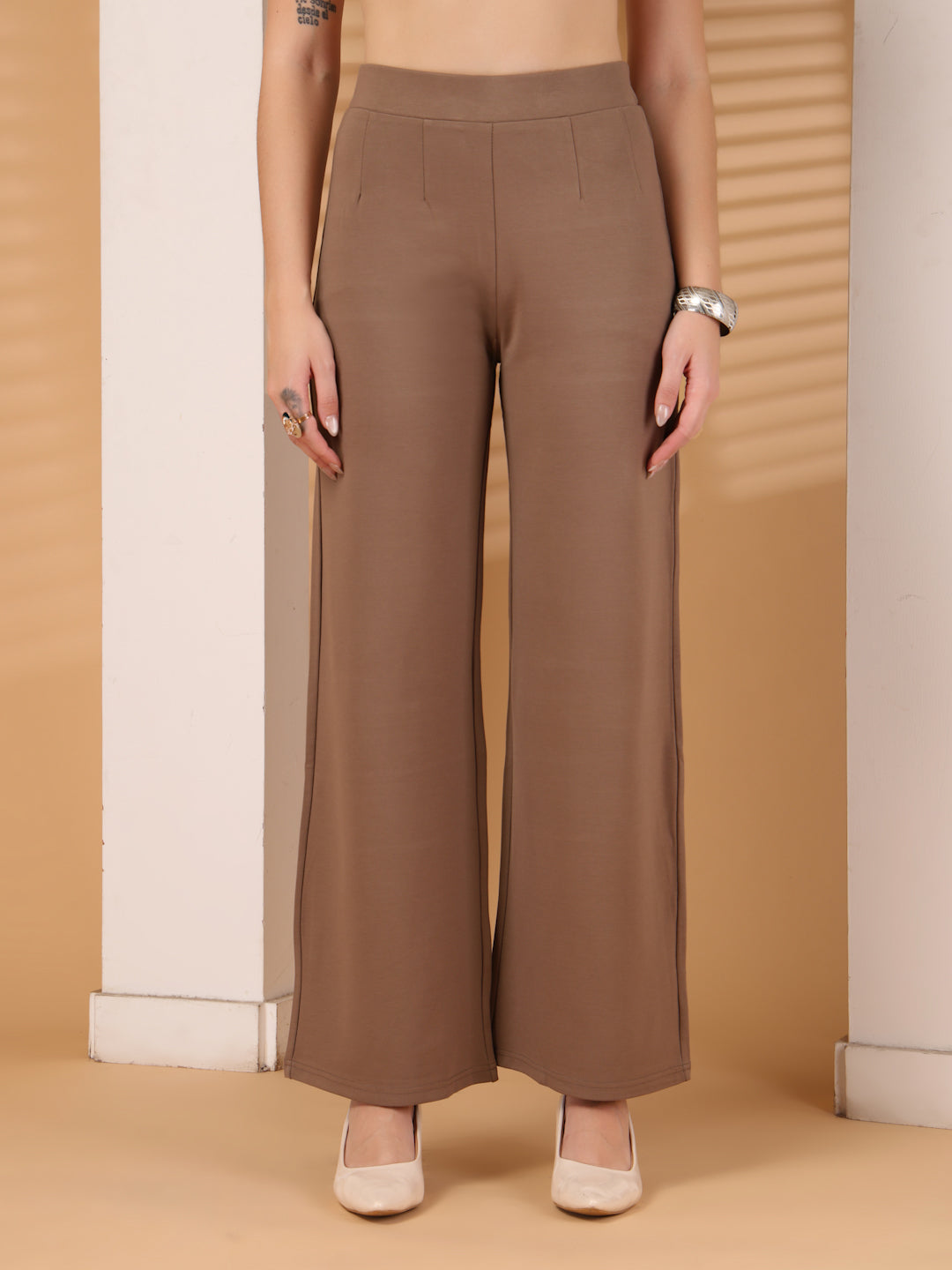 Thirty Threads Womens Beige Solid Ankle Length Palazoo