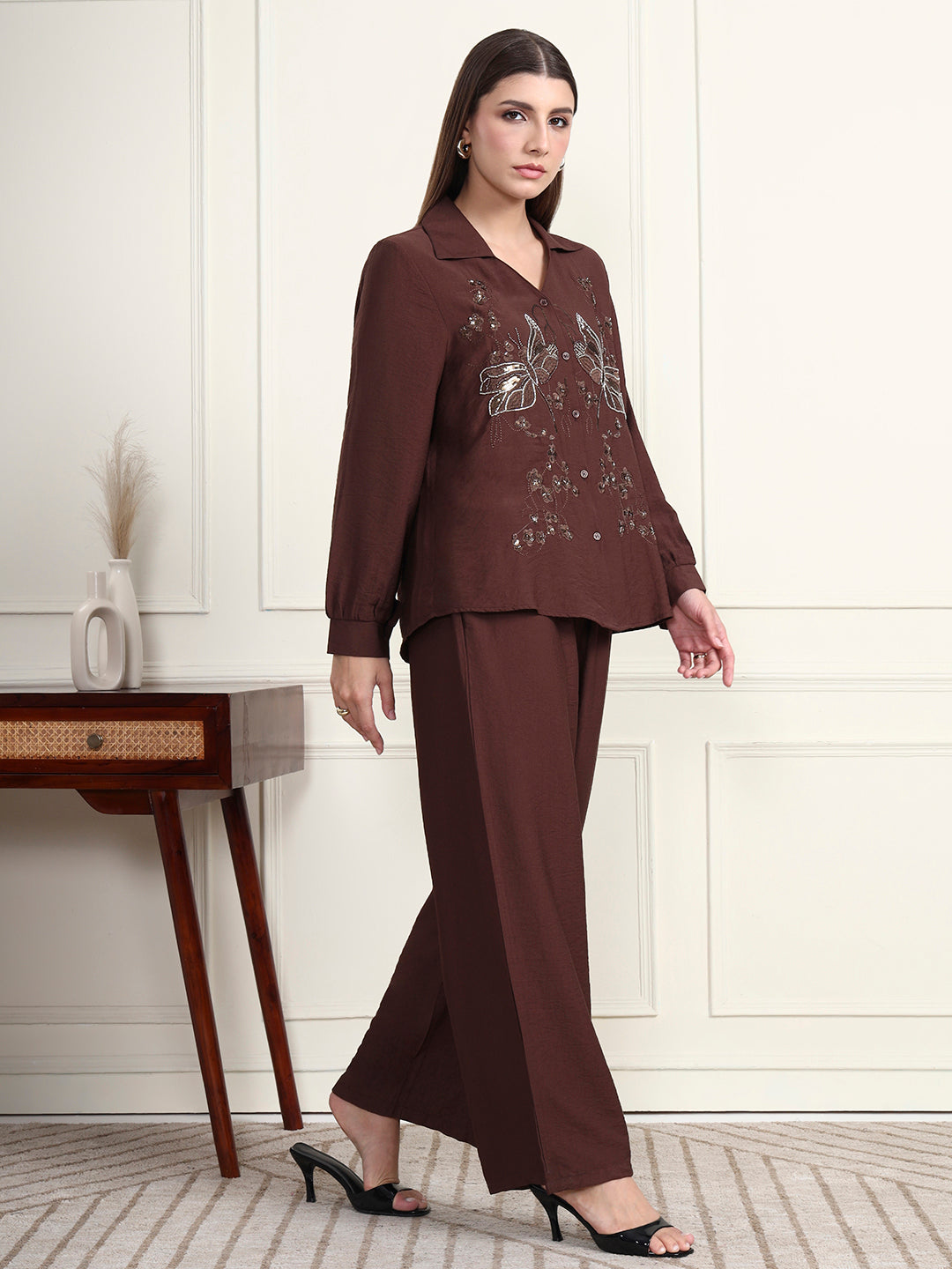 Thirty Threads Winter Wear Embellished Collar Long Sleeves Co-Ord Set