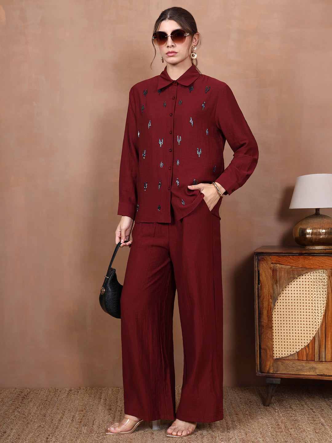 Thirty Threads Winter Wear Maroon Embellished Collar Long Sleeves Co-Ord Set