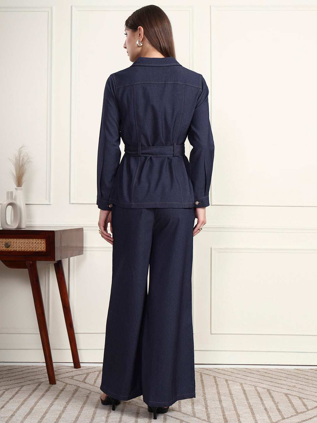 Thirty Threads Winter Wear Denim Blue Solid Lapel Collar Long Sleeves Co-Ord Set