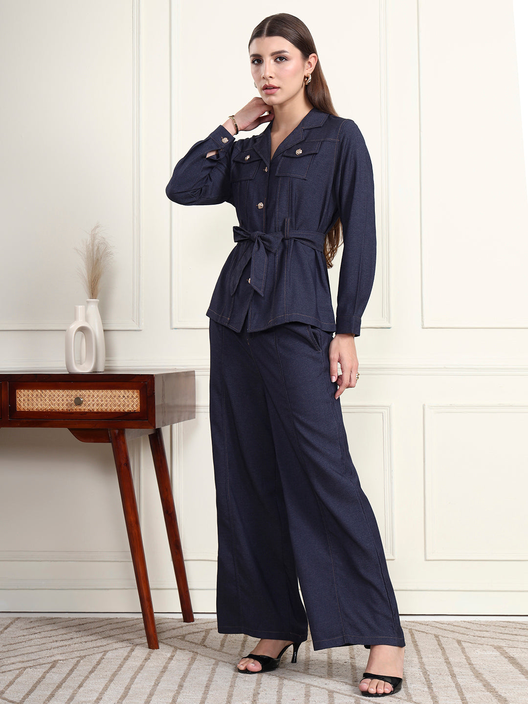 Thirty Threads Winter Wear Denim Blue Solid Lapel Collar Long Sleeves Co-Ord Set