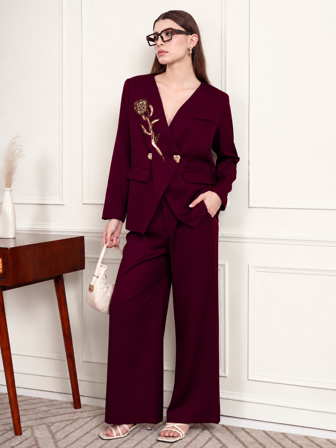 Thirty Threads Winter Wear Embellished V-Neck Long Sleeves Co-Ord Set