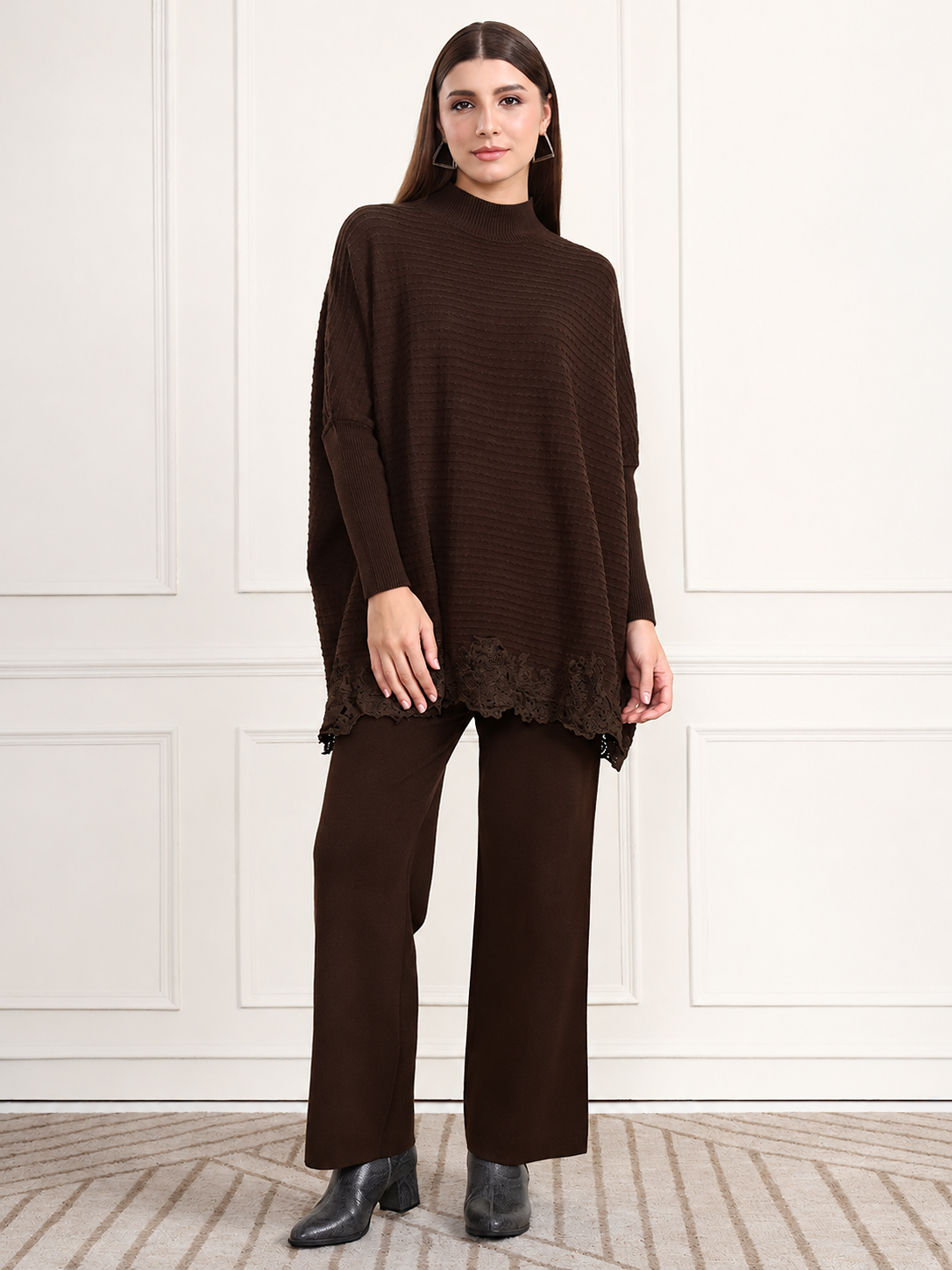 Thirty Threads Winter Wear Embroidered Mock Collar Long Sleeves Co-Ord Set