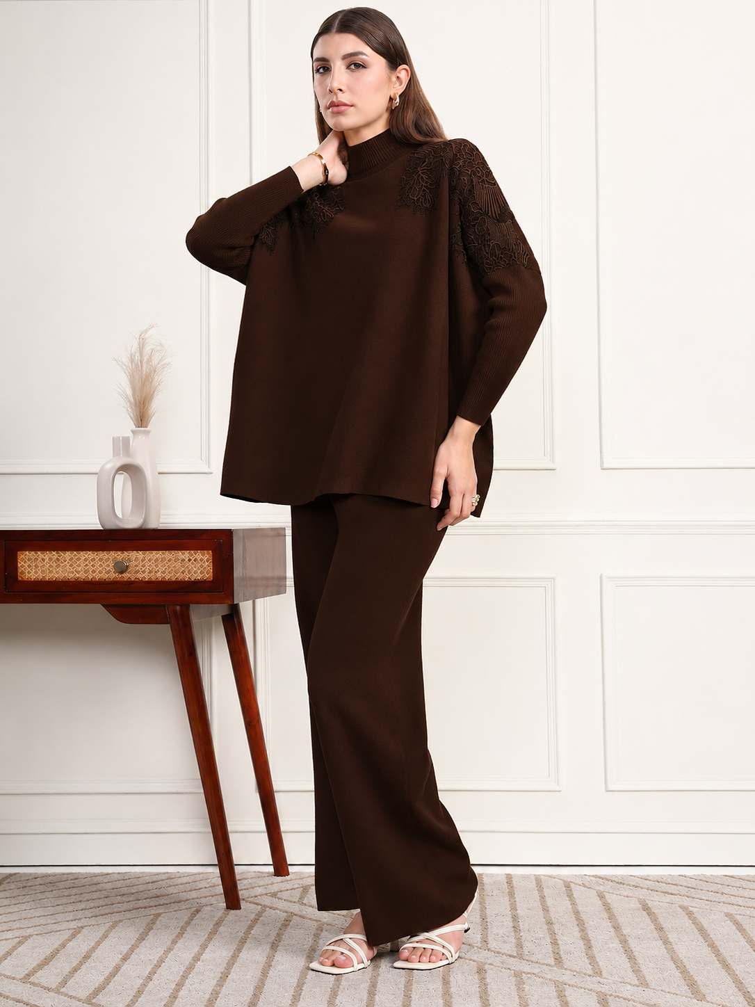 Thirty Threads Winter Wear Embroidered Mock Collar Long Sleeves Co-Ord Set