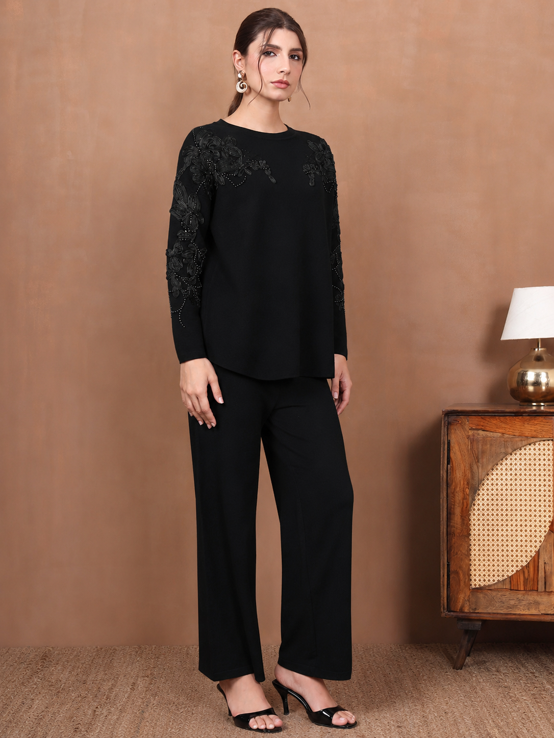 Thirty Threads Winter Wear Embroidered Mock Collar Long Sleeves Co-Ord Set