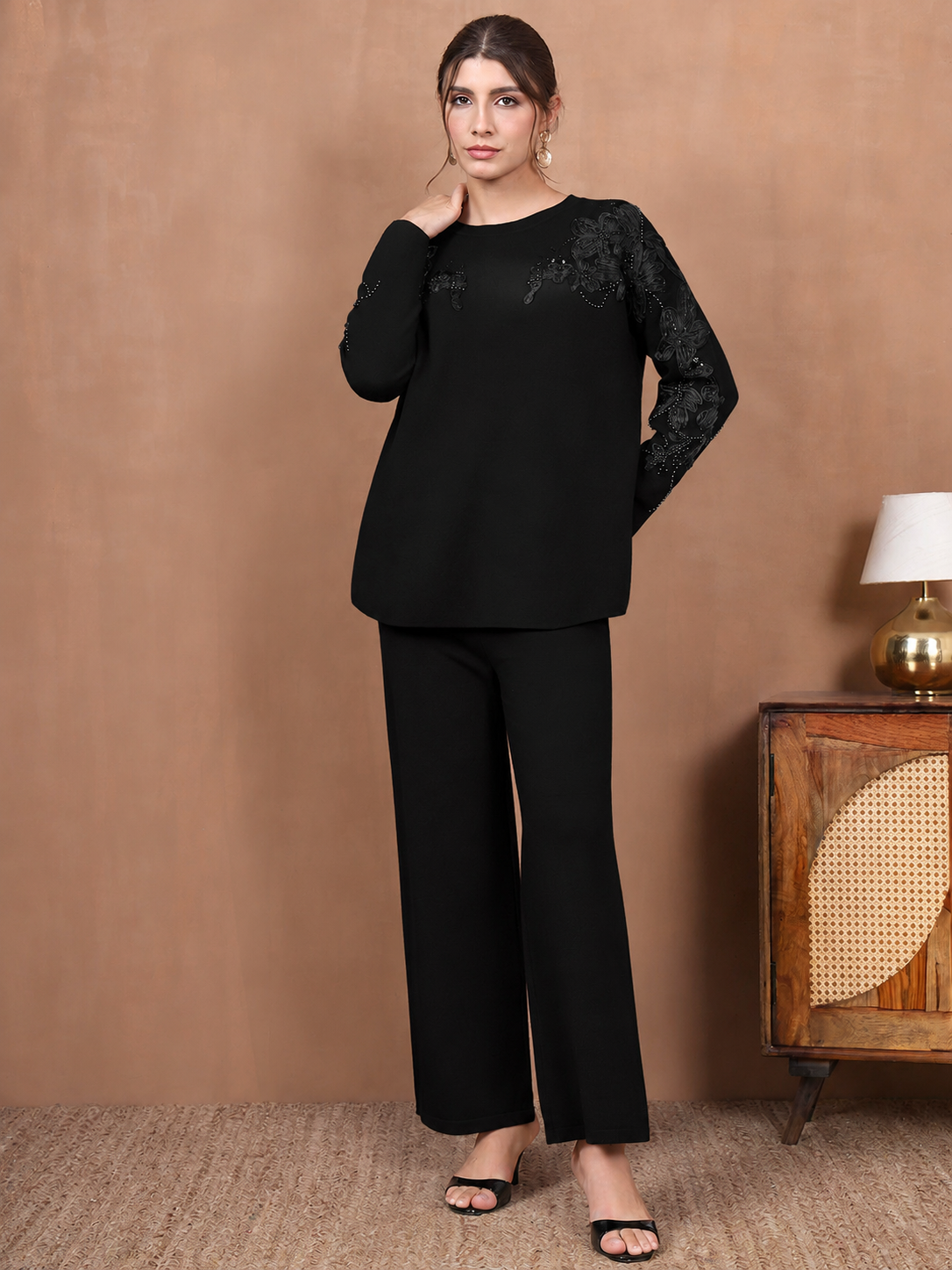 Thirty Threads Winter Wear Embroidered Mock Collar Long Sleeves Co-Ord Set
