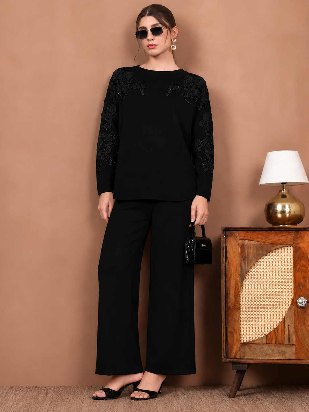 Thirty Threads Winter Wear Embroidered Mock Collar Long Sleeves Co-Ord Set