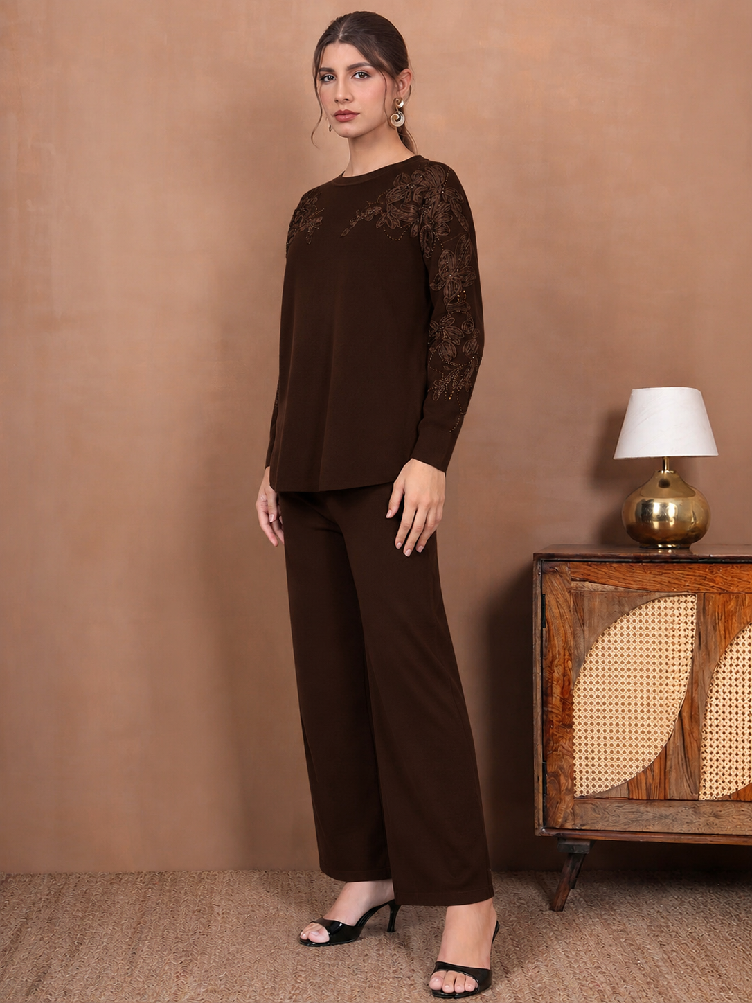Thirty Threads Winter Wear Embroidered Mock Collar Long Sleeves Co-Ord Set