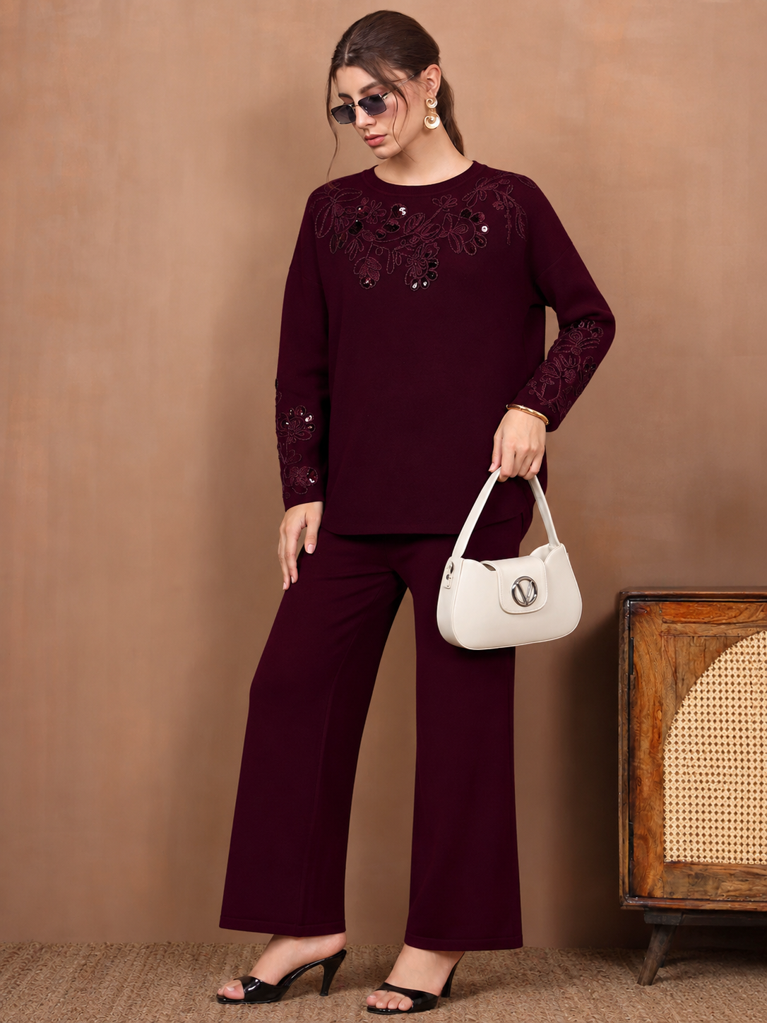 Thirty Threads Winter Wear Embellished Round Neck Long Sleeves Co-Ord Set