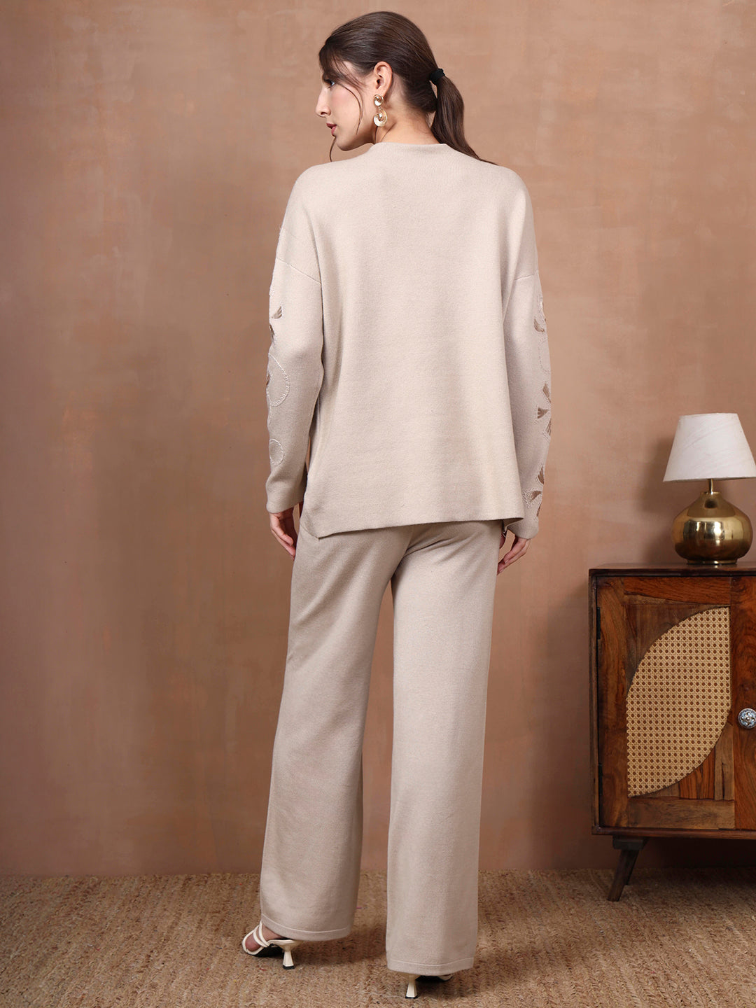 Thirty Threads Winter Wear Beige Embellished Mock Collar Long Sleeves Co-Ord Set