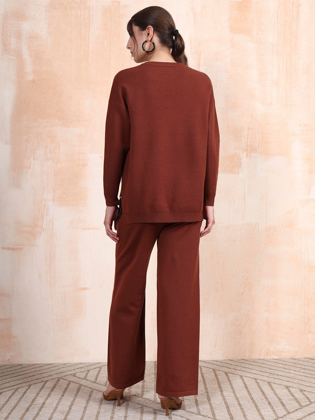 Thirty Threads Winter Wear Rust Embroidered Round Neck Long Sleeves Co-Ord Set