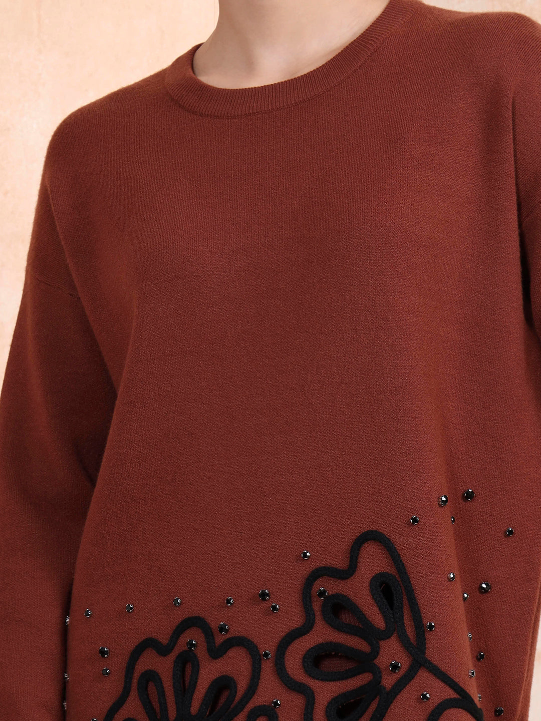 Thirty Threads Winter Wear Rust Embroidered Round Neck Long Sleeves Co-Ord Set