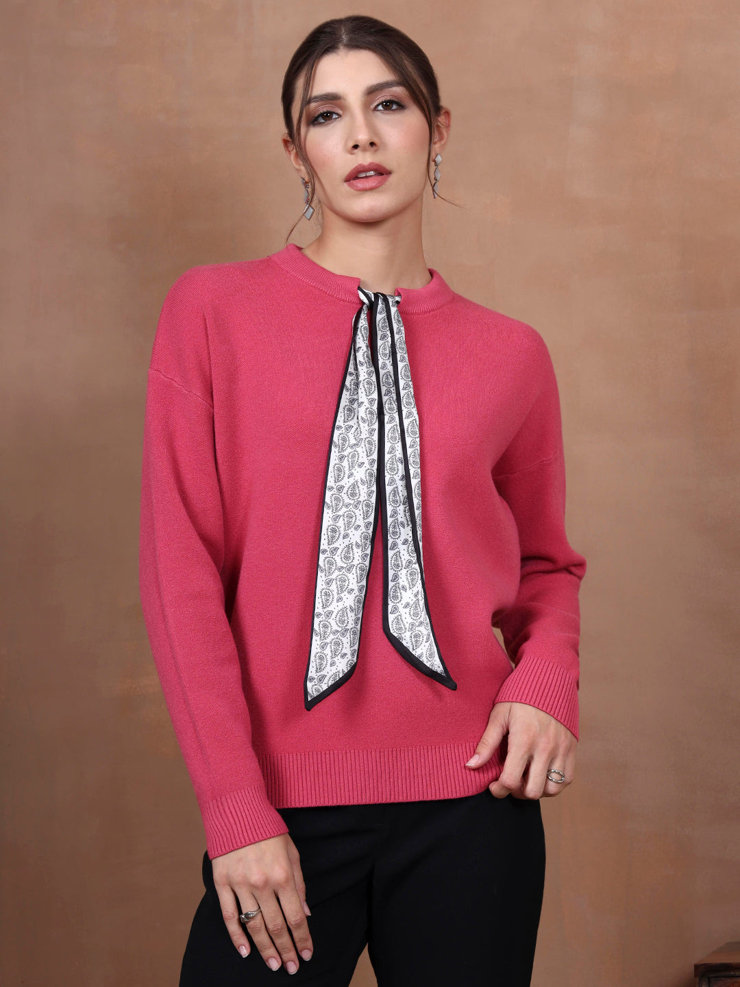 Thirty Threads Winter Wear Pink Solid Regular Long Sleeves Pullover Sweater