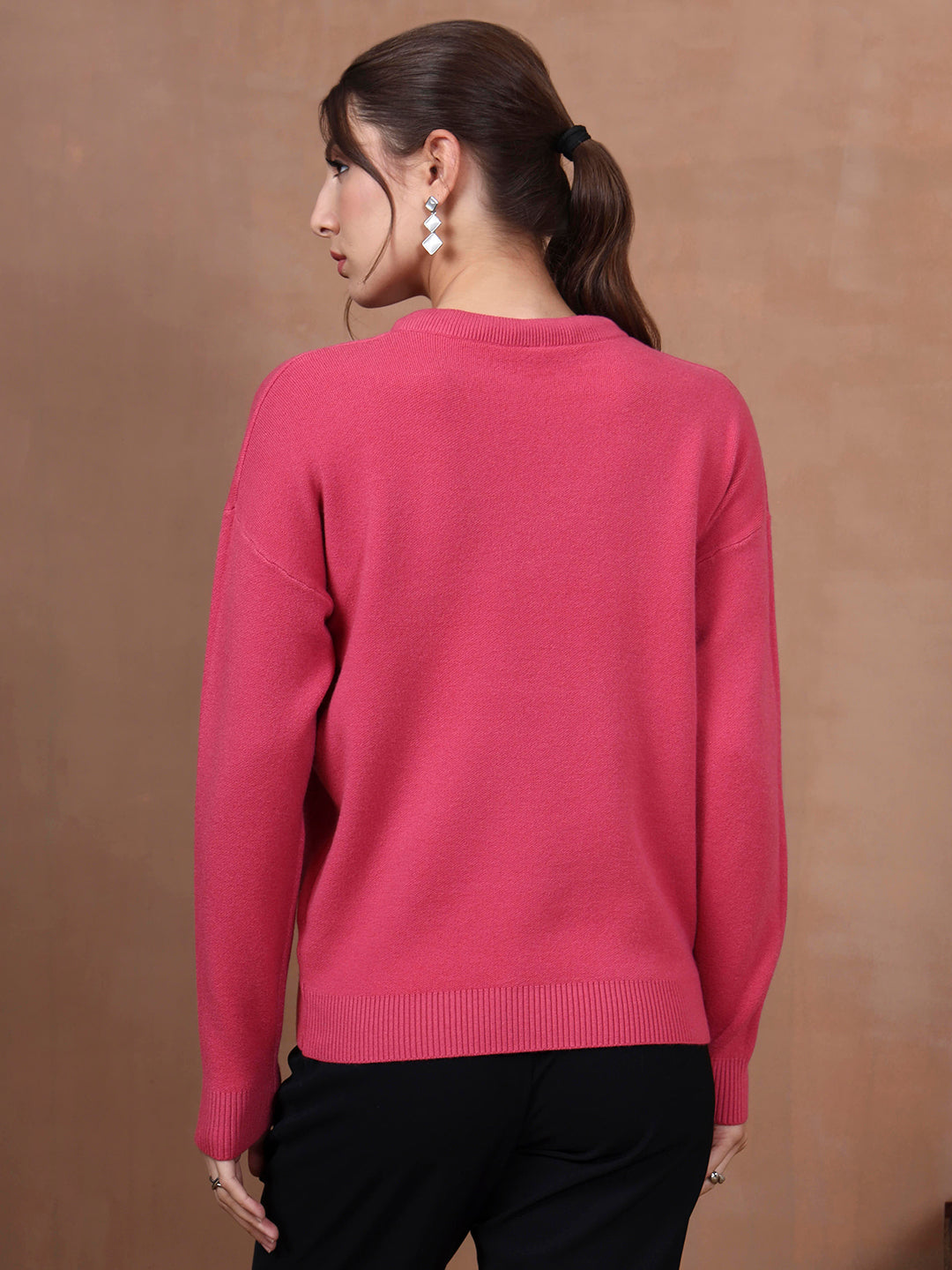 Thirty Threads Winter Wear Pink Solid Regular Long Sleeves Pullover Sweater