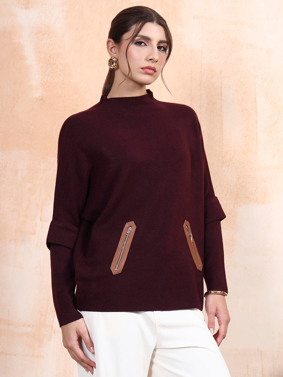 Thirty Threads Winter Wear Burgundy Solid Regular Long Sleeves Pullover Sweater