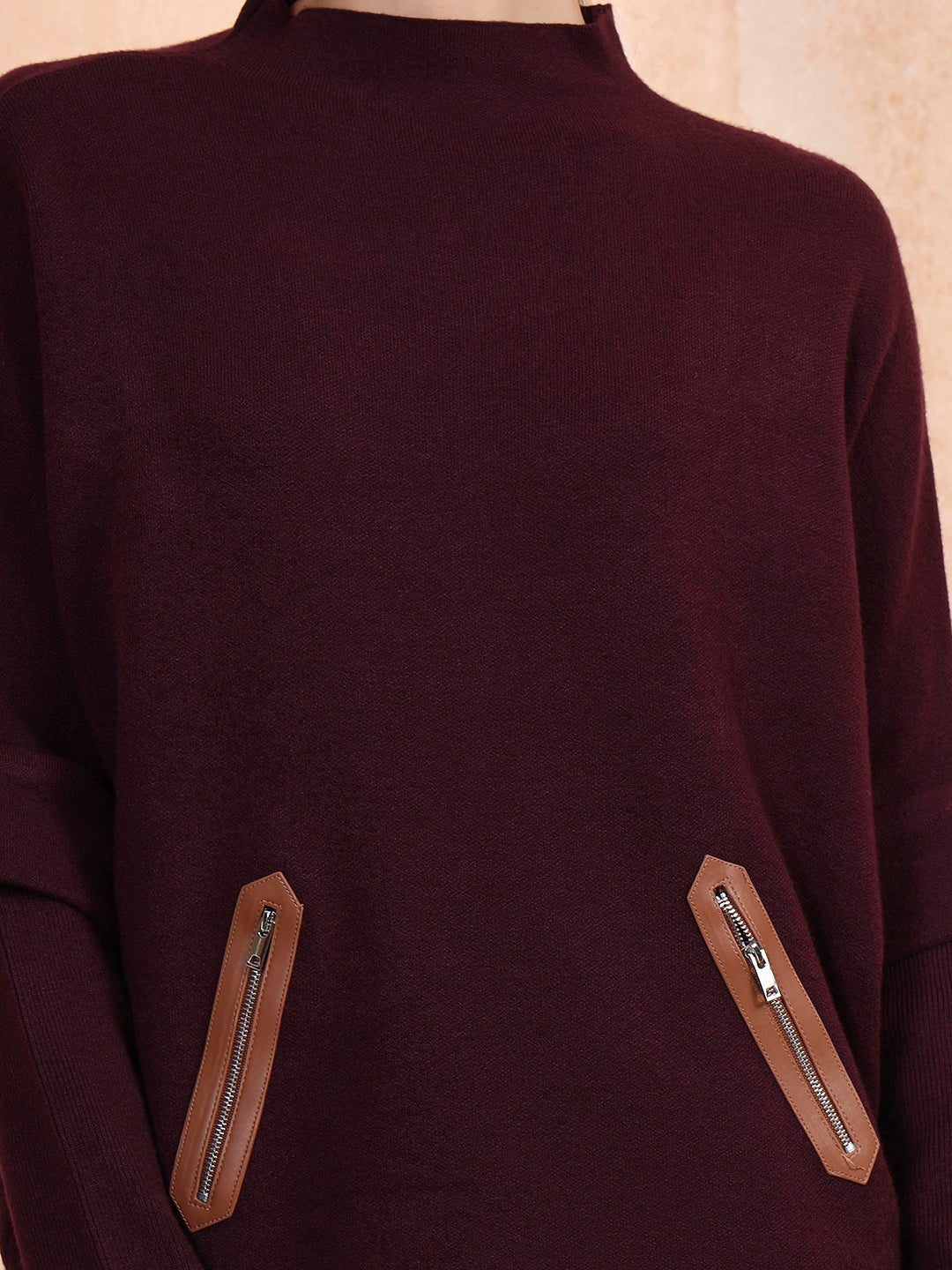 Thirty Threads Winter Wear Burgundy Solid Regular Long Sleeves Pullover Sweater