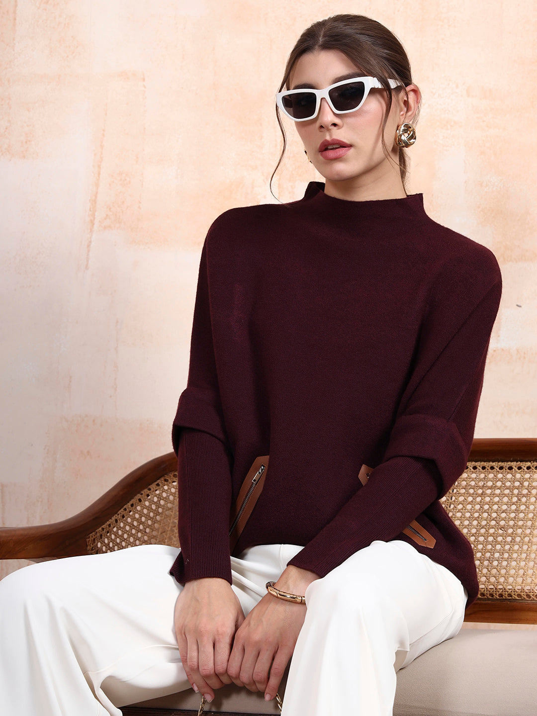 Thirty Threads Winter Wear Burgundy Solid Regular Long Sleeves Pullover Sweater