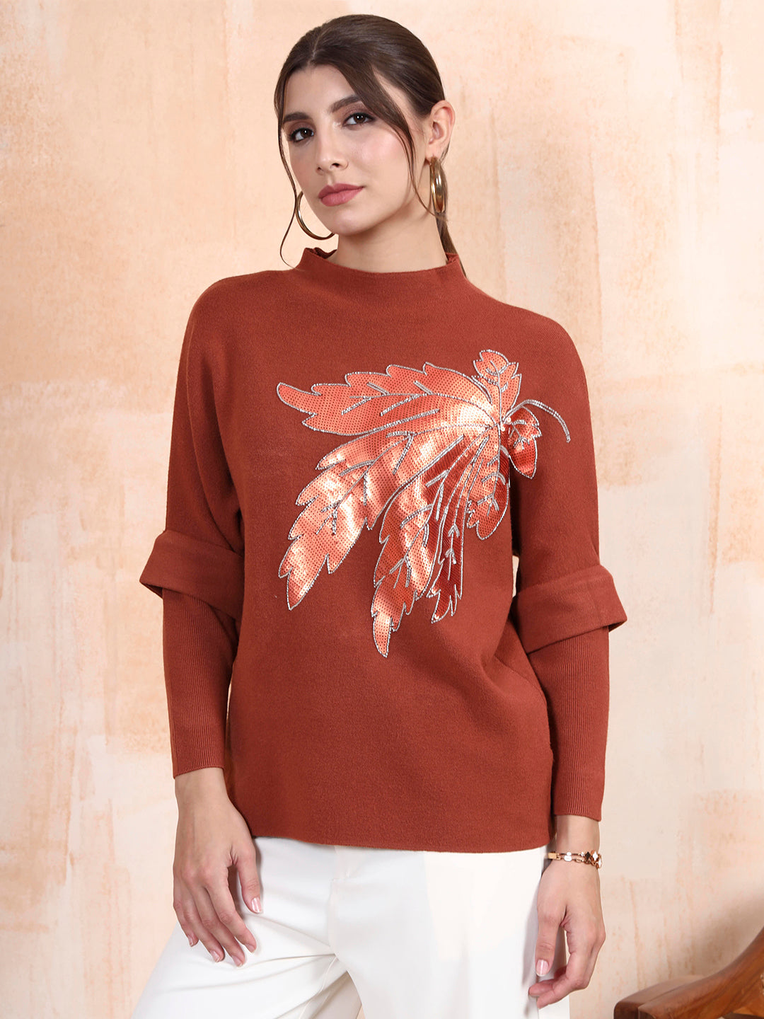 Thirty Threads Winter Wear Rust Embellished Regular Long Sleeves Pullover Sweater