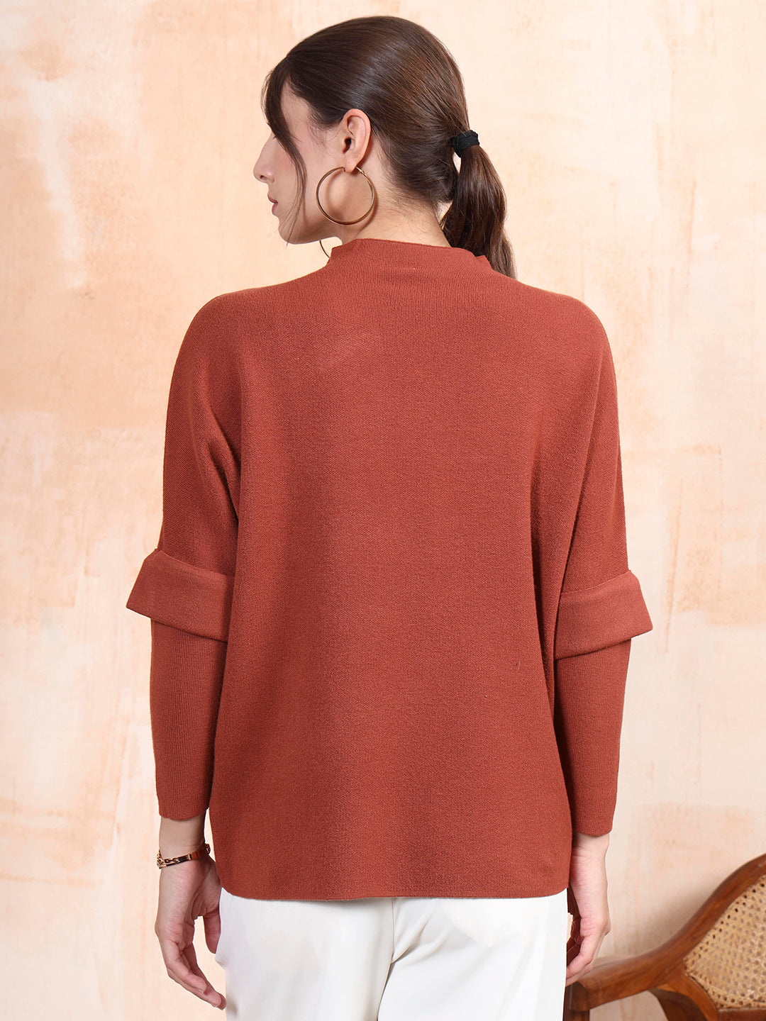 Thirty Threads Winter Wear Rust Embellished Regular Long Sleeves Pullover Sweater