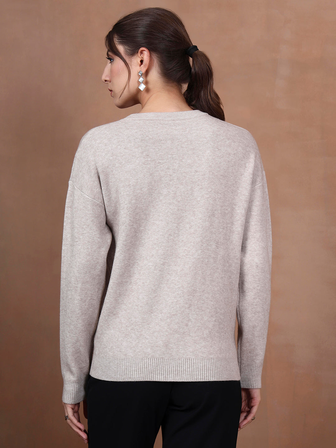 Thirty Threads Winter Wear Grey Embellished Regular Long Sleeves Pullover Sweater