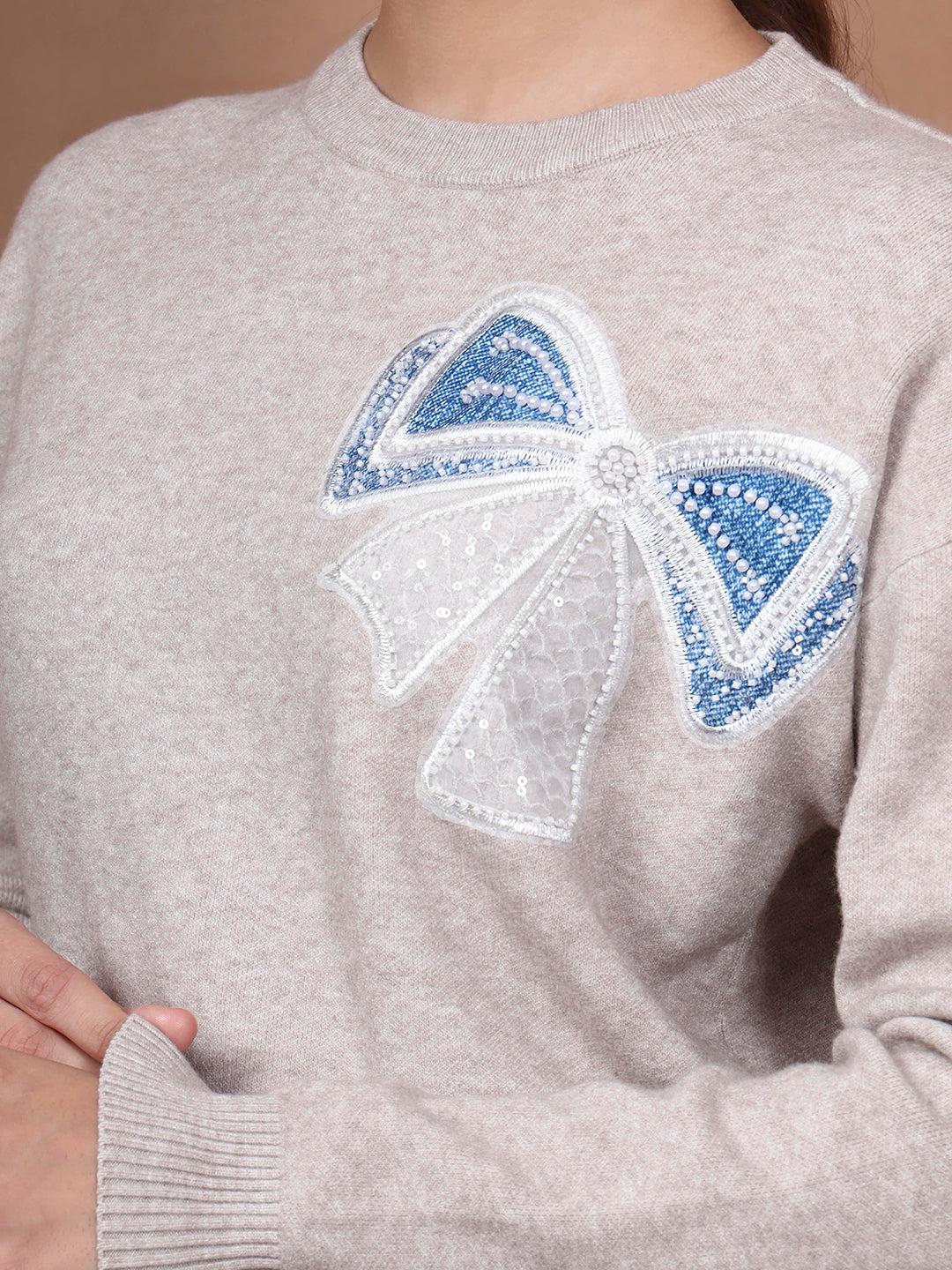Thirty Threads Winter Wear Grey Embellished Regular Long Sleeves Pullover Sweater