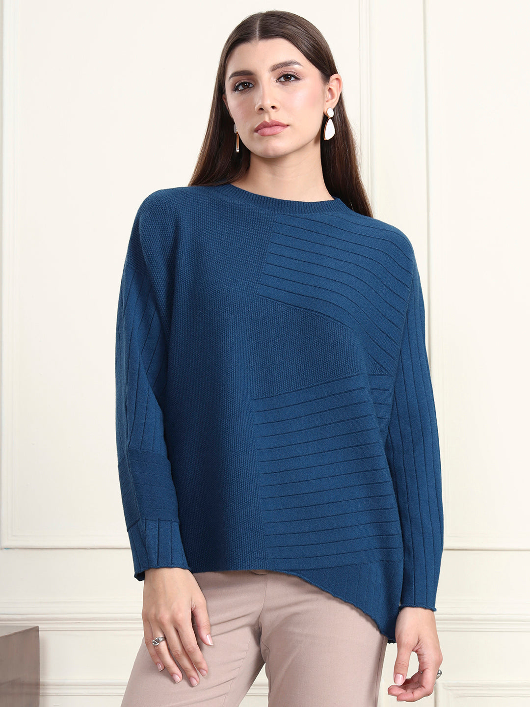 Thirty Threads Winter Wear Teal Abstract Regular Long Sleeves Pullover Sweater