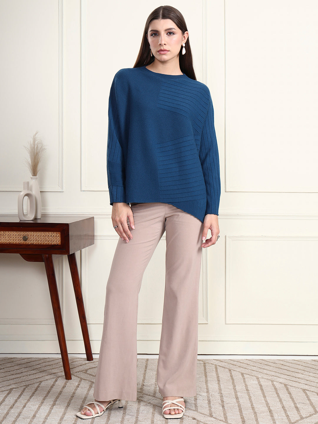 Thirty Threads Winter Wear Teal Abstract Regular Long Sleeves Pullover Sweater
