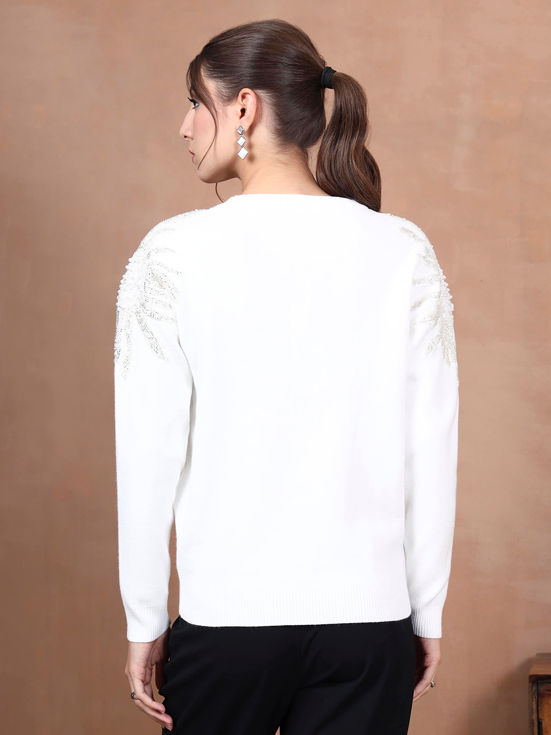 Thirty Threads Winter Wear White Embellished Regular Long Sleeves Pullover Sweater
