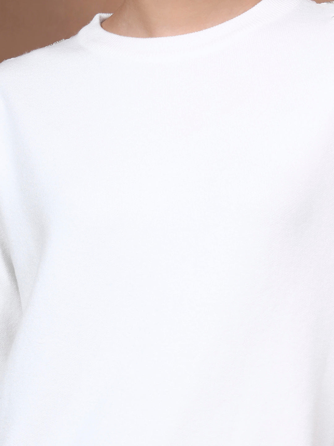 Thirty Threads Winter Wear White Embellished Regular Long Sleeves Pullover Sweater