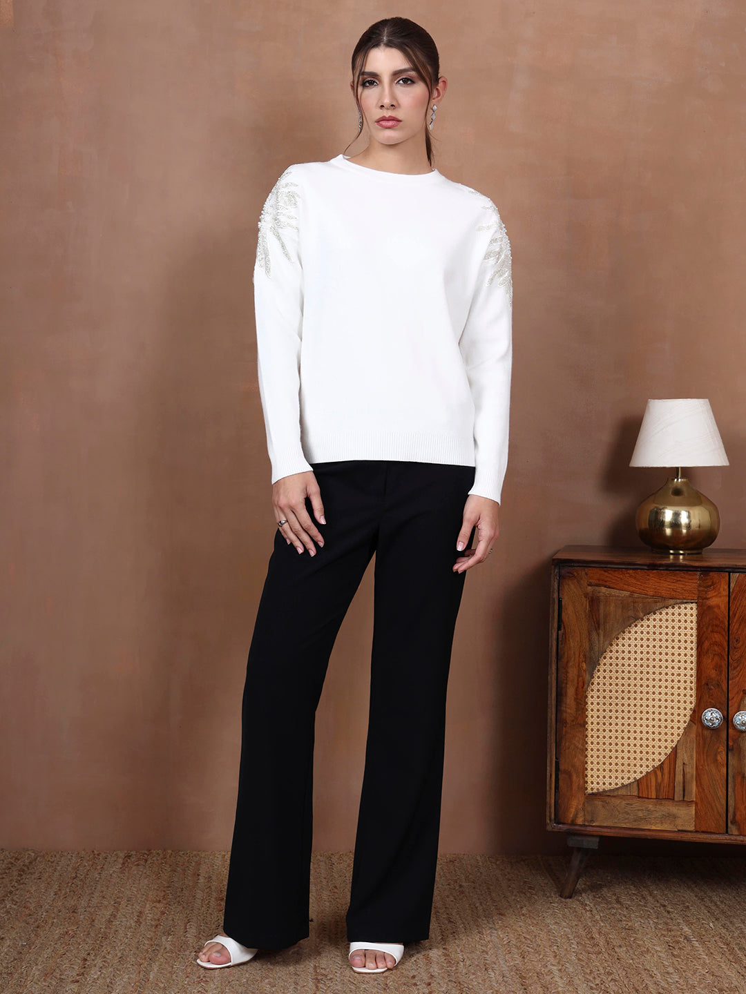 Thirty Threads Winter Wear White Embellished Regular Long Sleeves Pullover Sweater